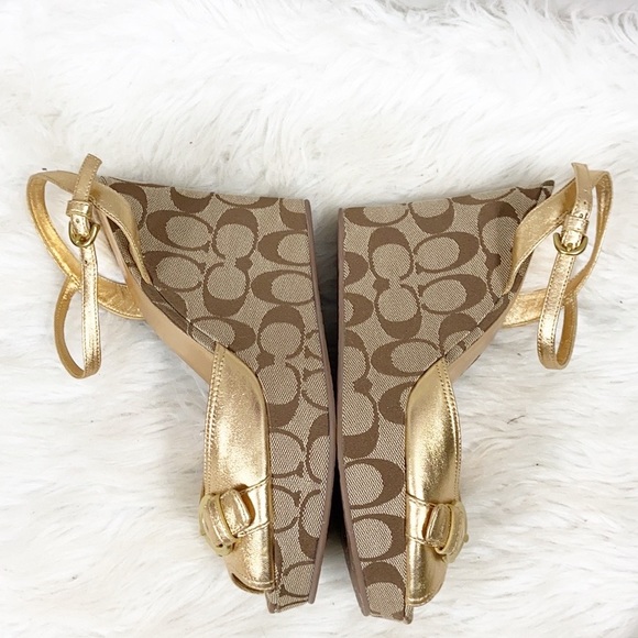 Coach Gold Maxina Sling back Wedge Monogram sandals 9b - Picture 3 of 13